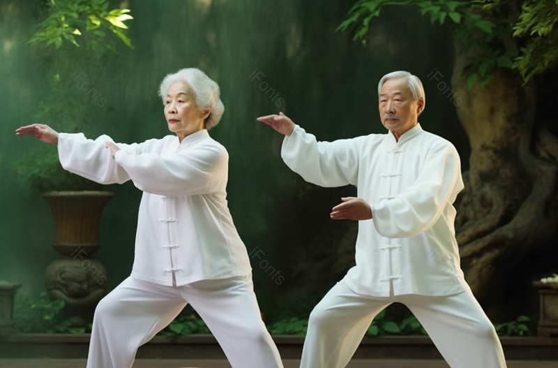 一对头发苍白的老年夫妇正在公园里练太极拳,高清,摄影图,摄影图片,图片大全,摄影图免费下载